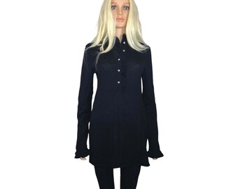 Tory Burch Wool Pullover Tunic Sweater Buttons Black Medium Ruffle Sleeve Trim