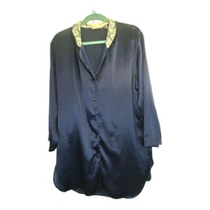 Vintage 80&#39;s Victoria&#39;s Secret Satin Night Shirt Gold Label Blue Lace Collar M/L