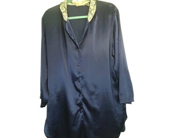 Camicia da notte in raso vintage anni '80 Victoria's Secret Etichetta oro Colletto in pizzo blu M/L