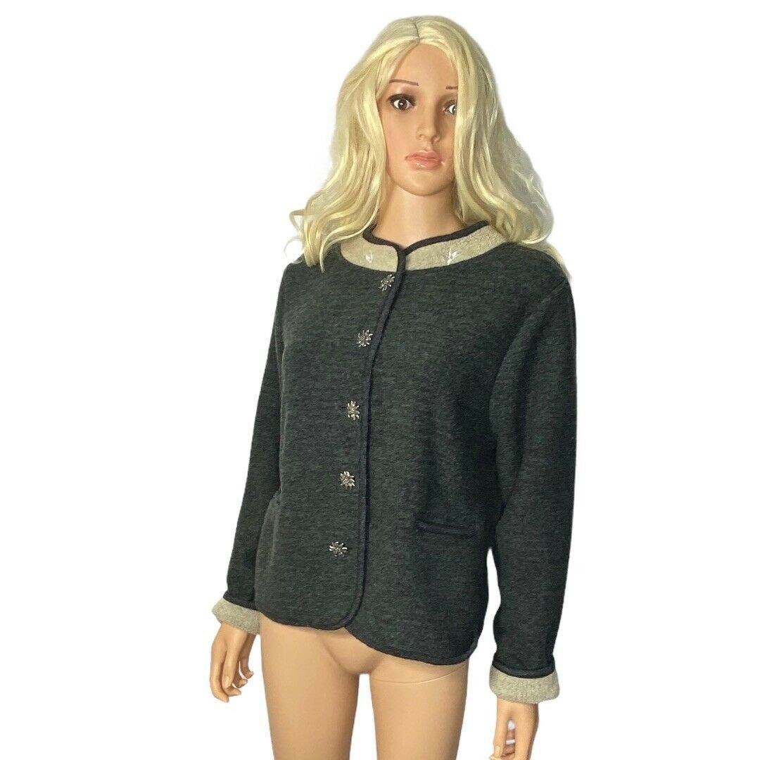 SurayStore Alf Kuhl Gray Fleece Wool Trim Cardigan Jacket Metal Flower Button M Vintage USA
