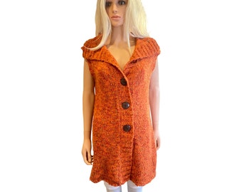 Chico's Crochet Long Sweater Cardigan Vest W's M Wool Blend Orange Fall Chunky