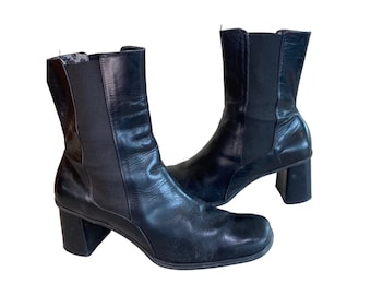 Vintage Y2K Franco Sarto lederen dikke hak laarzen dames 10 zwart