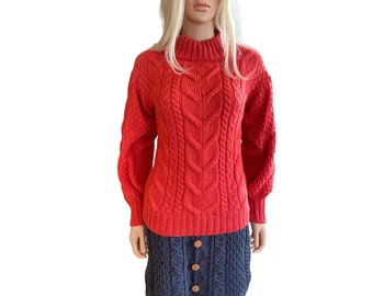 NWT Aran Woollen Mills Red Cable-knit Crew Neck Merino Sweater S Balloon Sleeves