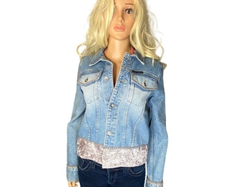Vintage anni ' 90 DKNY Denim Jeans Jacket w / Silver Pink Velvet Trim Medium