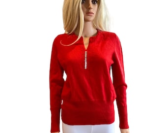 Susan Bristol Vintage 100% Merino Wool Red Sweater Women's L/XL Pullover Buttons