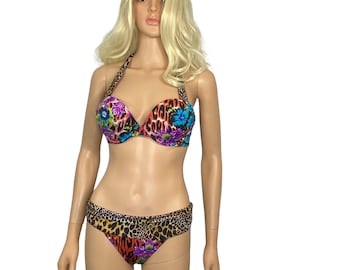 Victoria's Secret gebloemde bombshell-bikiniset met luipaard-schedel 34B M Rare, 2 cups
