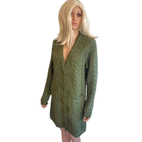 Aran Craft Merino Wool Long Boyfriend Cable Knit Cardigan Sweater L Green