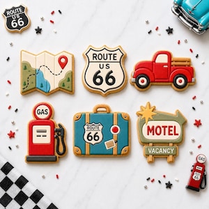 May include: A collection of Route 66 themed cookies. The cookies include a map, a road sign, a red pickup truck, a gas pump, a suitcase, and a motel sign. The cookies are decorated with red, white, brown, and blue icing.