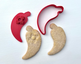 Biscochito Cookie Cutter and Stamp, Chili Pepper with Zia Symbol (TWO PIECE SET)