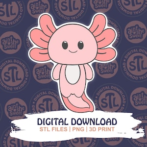 Puede incluir: Ilustración de dibujos animados de un ajolote rosa con un contorno blanco. El ajolote tiene una cara sonriente y branquias grandes y plumosas. La imagen incluye el texto "DESCARGA DIGITAL" y "ARCHIVOS STL | PNG | IMPRESIÓN 3D". El fondo es un patrón azul oscuro.