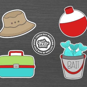 Father&#39;s Day Cookie Cutters, Fisherman Set, Tackle Box, Bobber, Fishing Bucket, and Fisherman Hat (Cookie, Clay, and Fondant Cutter)