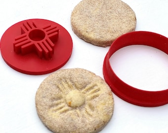 Biscochito Cookie Cutter and Stamp, Circle with Southwest Zia Symbol (TWO PIECE SET)