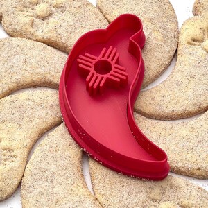 Biscochito Cookie Cutter and Stamp, Chili Pepper with Zia Symbol (TWO PIECE SET) Cutter/Stamp + Guide