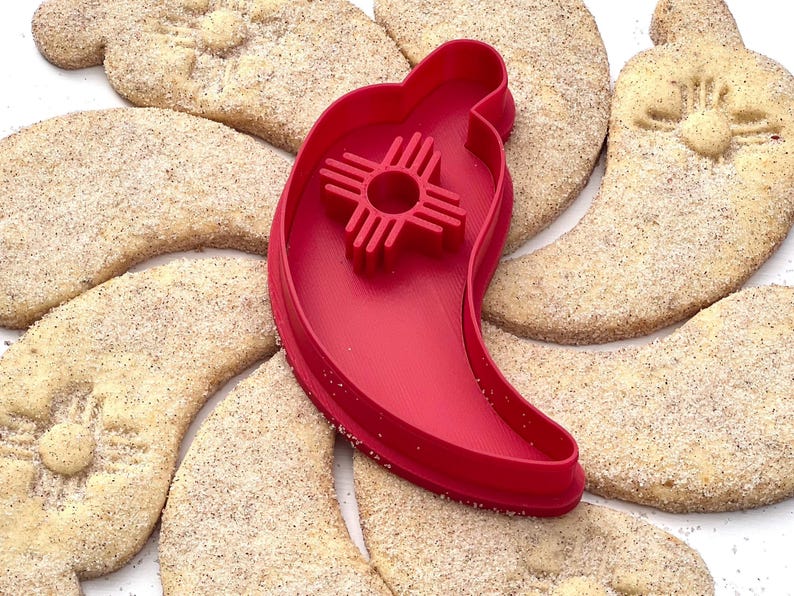 Biscochito Cookie Cutter and Stamp, Chili Pepper with Zia Symbol (TWO PIECE SET) Cutter/Stamp + Guide