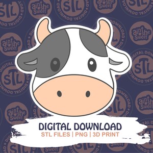 Cute cow face design for 3D printed cookie cutter STL by Ain’t She Sweet. Features black spots, soft peach muzzle, and floppy ears with branded "STL Digital Download" background. Ideal for farm animal cookie cutter STL Digital Download listings.