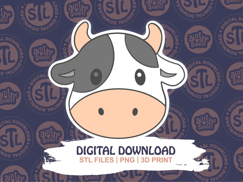 Cute cow face design for 3D printed cookie cutter STL by Ain’t She Sweet. Features black spots, soft peach muzzle, and floppy ears with branded "STL Digital Download" background. Ideal for farm animal cookie cutter STL Digital Download listings.