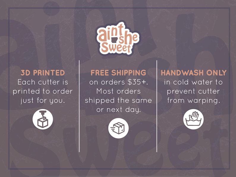 The image is a promotional graphic for a company called "Ain't she Sweet". It features three different options for purchasing a 3D-printed product: 3D printed, free shipping, and handwash only. The text provides information about the pricing and shipping options for each option.