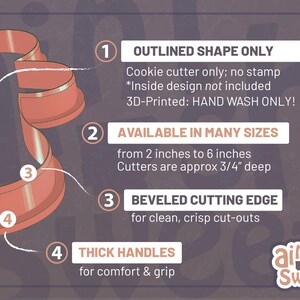 The image is a product advertisement for a cookie cutter, highlighting its features such as the outline shape, hand wash availability, and the ability to cut through various materials.