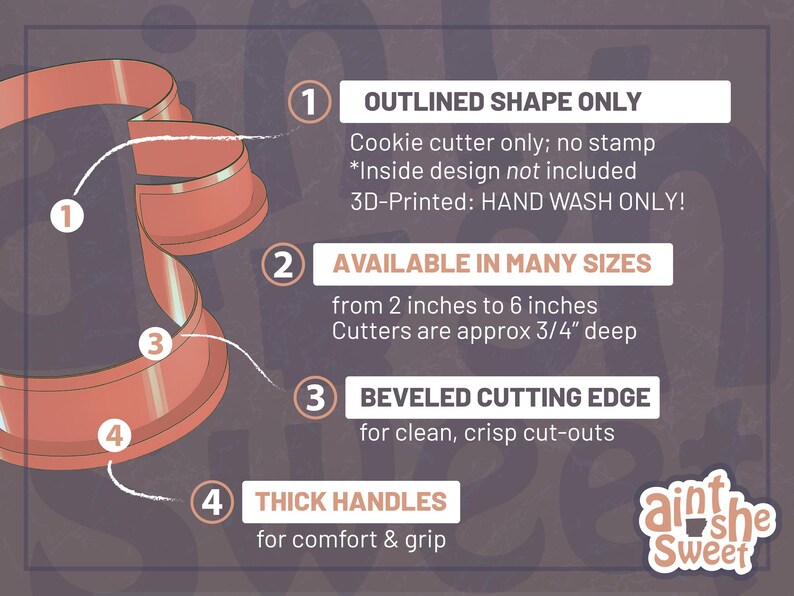 The image is a product advertisement for a cookie cutter, highlighting its features such as the outline shape, hand wash availability, and the ability to cut through various materials.