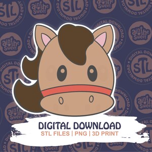 Cute horse face design for 3D printed cookie cutter STL by Ain’t She Sweet. Brown mane, red bridle, and tan face on branded "STL Digital Download" background. Perfect for farm animal cookie cutter STL Digital Download listings.