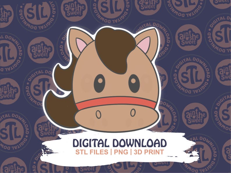 Cute horse face design for 3D printed cookie cutter STL by Ain’t She Sweet. Brown mane, red bridle, and tan face on branded "STL Digital Download" background. Perfect for farm animal cookie cutter STL Digital Download listings.