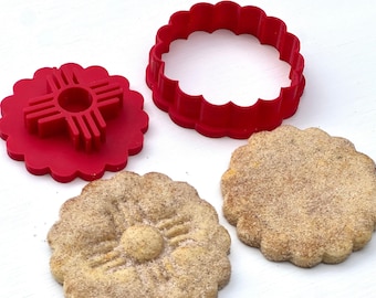 Biscochito Cookie Cutter and Stamp, Scallop with Southwest Zia Symbol (TWO PIECE SET)