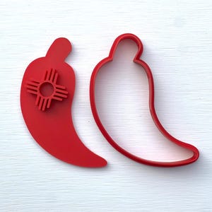 Biscochito Cookie Cutter and Stamp, Chili Pepper with Zia Symbol (TWO PIECE SET) Cutter/Stamp