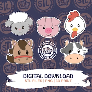 Farm animal face set for 3D printed cookie cutter STL by Ain’t She Sweet. Includes pig, cow, horse, sheep, and chicken with cute cartoon features on branded "STL Digital Download" background. Perfect STL Digital Download for themed cookie sets.