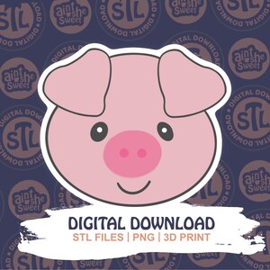 Adorable pig face design for 3D printed cookie cutter STL by Ain’t She Sweet. Features pink snout, floppy ears, and smiling face with branded "STL Digital Download" background. Perfect for farm animal cookie cutter listings.