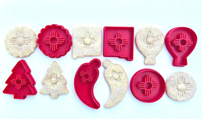 Biscochito Cookie Cutter and Stamp, Chili Pepper with Zia Symbol (TWO PIECE SET) Set of 6 Stamps