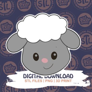 Adorable sheep face design for 3D printed cookie cutter STL by Ain’t She Sweet. Gray face, pink nose, and fluffy white wool on branded "STL Digital Download" background. Great for farm animal cookie cutter STL Digital Download listings.