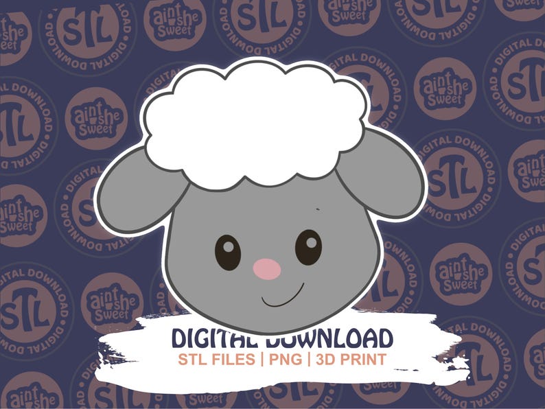 Adorable sheep face design for 3D printed cookie cutter STL by Ain’t She Sweet. Gray face, pink nose, and fluffy white wool on branded "STL Digital Download" background. Great for farm animal cookie cutter STL Digital Download listings.