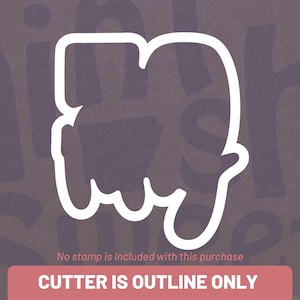 a stylized white outline of a hand or finger shape, with text indicating that no stamp is included with the purchase and that the cutter is outline only.