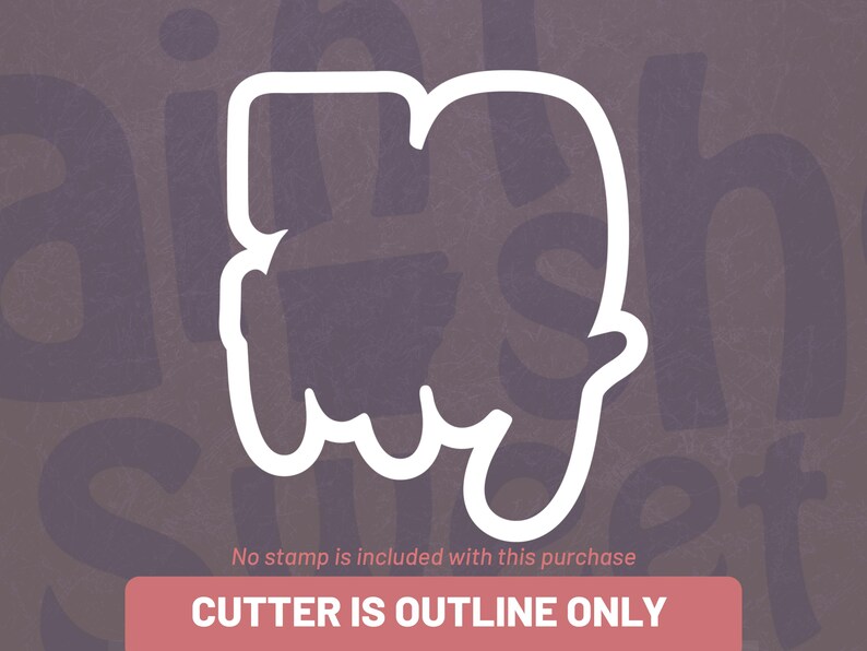 a stylized white outline of a hand or finger shape, with text indicating that no stamp is included with the purchase and that the cutter is outline only.