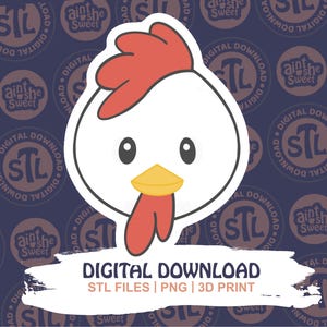 Cute chicken face design for 3D printed cookie cutter STL by Ain’t She Sweet. Features red comb, yellow beak, and white feathers with branded "STL Digital Download" background. Great for farm animal cookie cutter STL Digital Download listings.