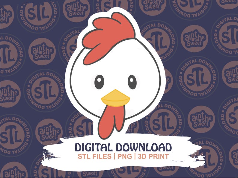 Cute chicken face design for 3D printed cookie cutter STL by Ain’t She Sweet. Features red comb, yellow beak, and white feathers with branded "STL Digital Download" background. Great for farm animal cookie cutter STL Digital Download listings.