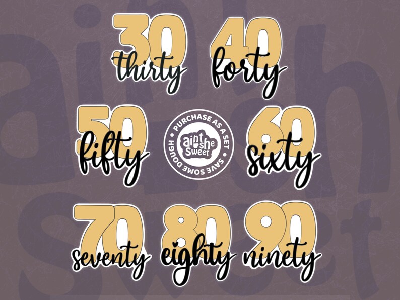 Milestone birthday number set for 3D printed cookie cutter by Ain’t She Sweet. Includes 30, 40, 50, 60, 70, 80, 90 in bold numbers with cursive text. Perfect for birthday party cookies and celebration sets.