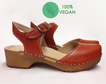 Vegane schwedische Clogs MARITA Handgefertigte Clogs, veganes Leder, Honig-Vegan-Clogs, Zimtbraun für Frauen, Clogs-Schuhe, niedriger Absatz, Mules, Schweden