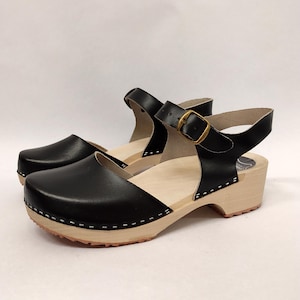BLACK Swedish Clogs - MARITA - Sandals Moccasins Wooden Leather Clog Womens clogs low heel Wood red clogs sandals women ORTHOPEDIC sole