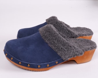 Swedish Clogs fur  - ELSA suede - Wooden  Womens Wood Winter Clogs, warm  Sweden, Christmas Gift, Natural WOOL green blue red