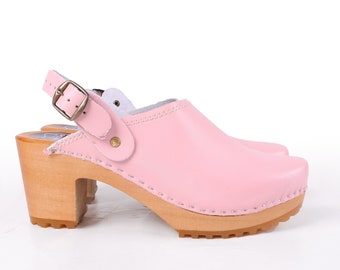 Swedish Clogs  - DINA pink - Sandals Moccasins Wooden Women clogs genuine Leather Clog Womens clogs Womens Wood real skin high heels summer