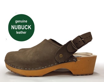 Schwedische Holzschuhe - BONDA grau nubuk - Sandalen Mokassins Hölzern Damen Clogs Leder Clog Damen Holz Clogs braun Natur Geschenk ihr Braun