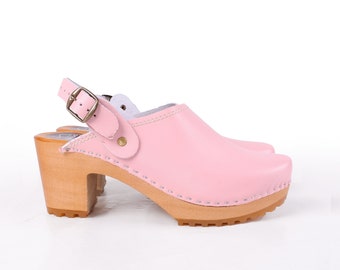 Sabots suédois - DINA pink - Sandales Mocassins en bois pour femmes, sabots en cuir véritable pour femmes, sabots pour femmes en bois, peau véritable, talons hauts, été