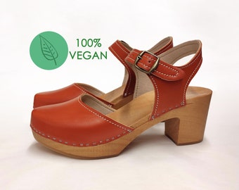 Vegan Swedish Clogs  ESTELLE Handmade clogs, Vegan leather, Honey Vegan Clogs, cinnamon brown for women, Clogs Shoes, Low Heel, Mules Sweden