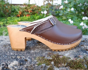 Swedish Clogs  - DINA dark brown - Sandals Moccasins Wooden Women clogs genuine Leather Clog Womens clogs Womens Wood real skin high heels
