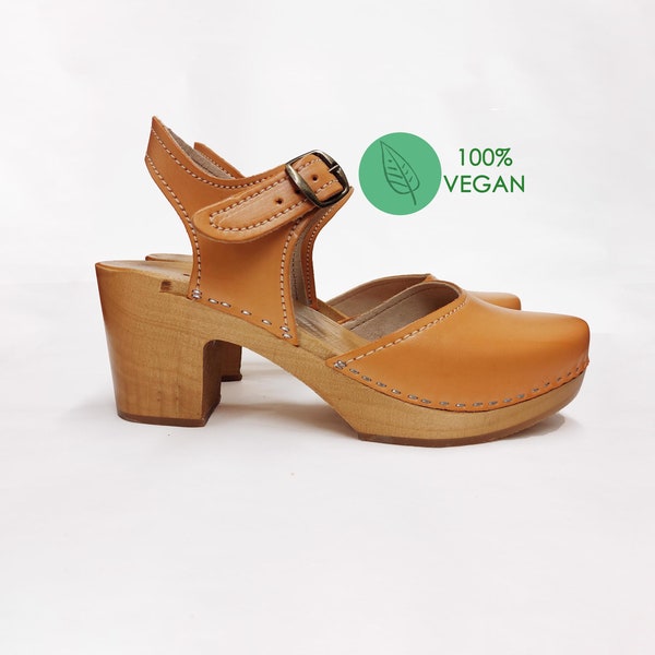 Vegane schwedische Clogs ESTELLE Handgefertigte Clogs, veganes Leder, Honig-Vegan-Clogs, Zimtbraun für Frauen, Clogs-Schuhe, niedriger Absatz, Mules Schweden