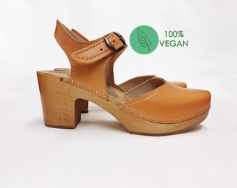 Vegane schwedische Clogs ESTELLE Handgefertigte Clogs, veganes Leder, Honig-Vegan-Clogs, Zimtbraun für Frauen, Clogs-Schuhe, niedriger Absatz, Mules Schweden