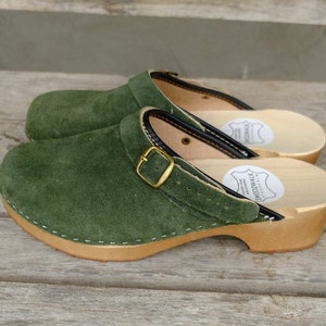 Swedish Clogs  - BONDA green - Sandals Moccasins Wooden Women clogs Leather Clog Womens clogs Boots Womens Wood brown suede natural gift her