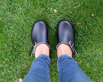 Swedish Clogs - BONDA -  Sandals Moccasins Wooden Women clogs Leather Clog Womens clogs Boots Womens Wood black
