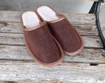 Zapatillas de estar por casa hombre en piel en tallas 39 - 46, zapatillas de piel natural en piel serraje, zapatillas de estar por casa hombre hechas a mano en piel marrón regalo